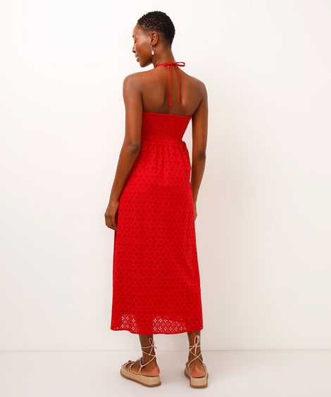 vestido midi de laise decote coração vermelho