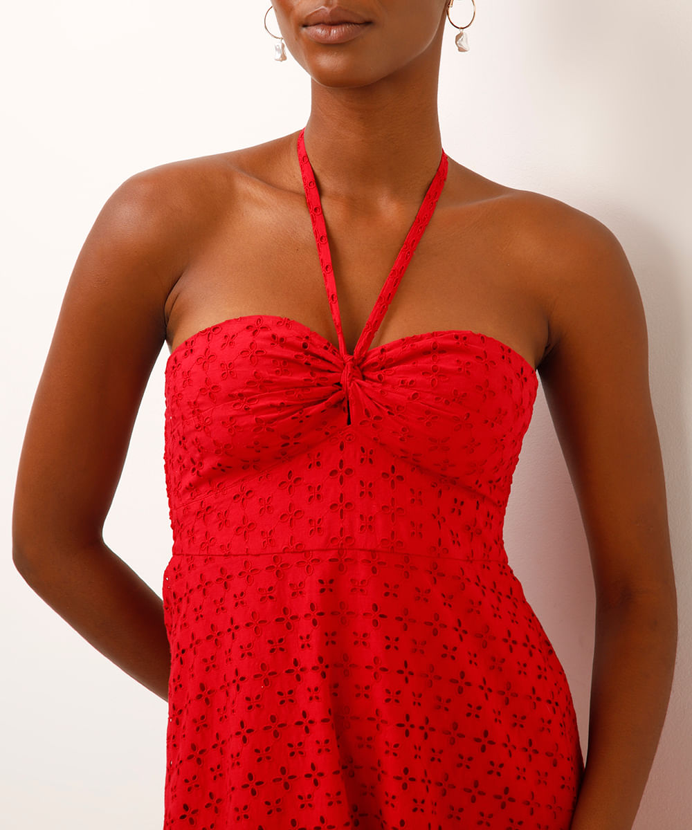 vestido midi de laise decote coração vermelho