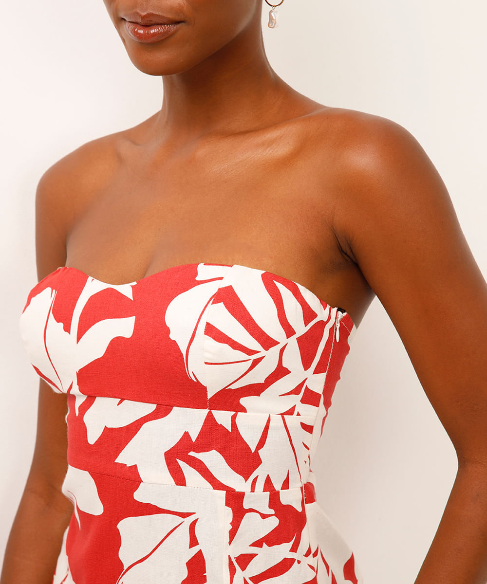 vestido midi sem alça com linho folhagem vermelho