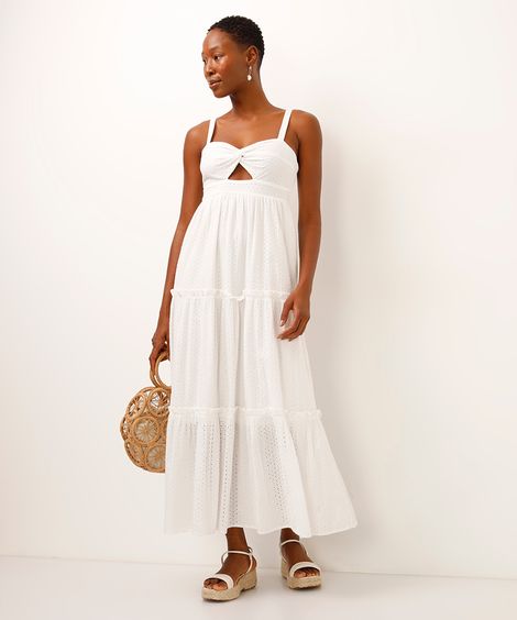 vestido midi de laise com recorte off white