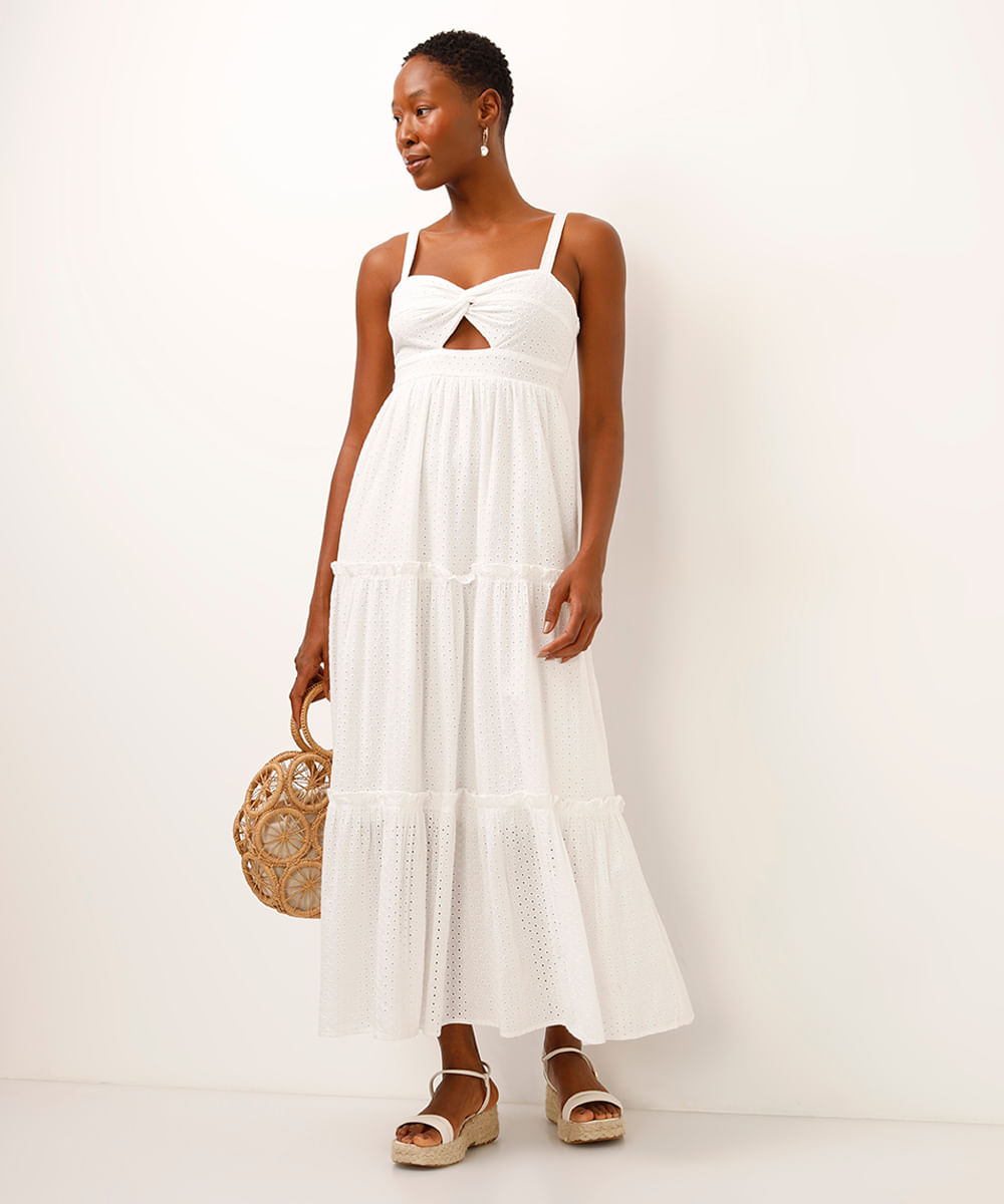 vestido midi de laise com recorte off white