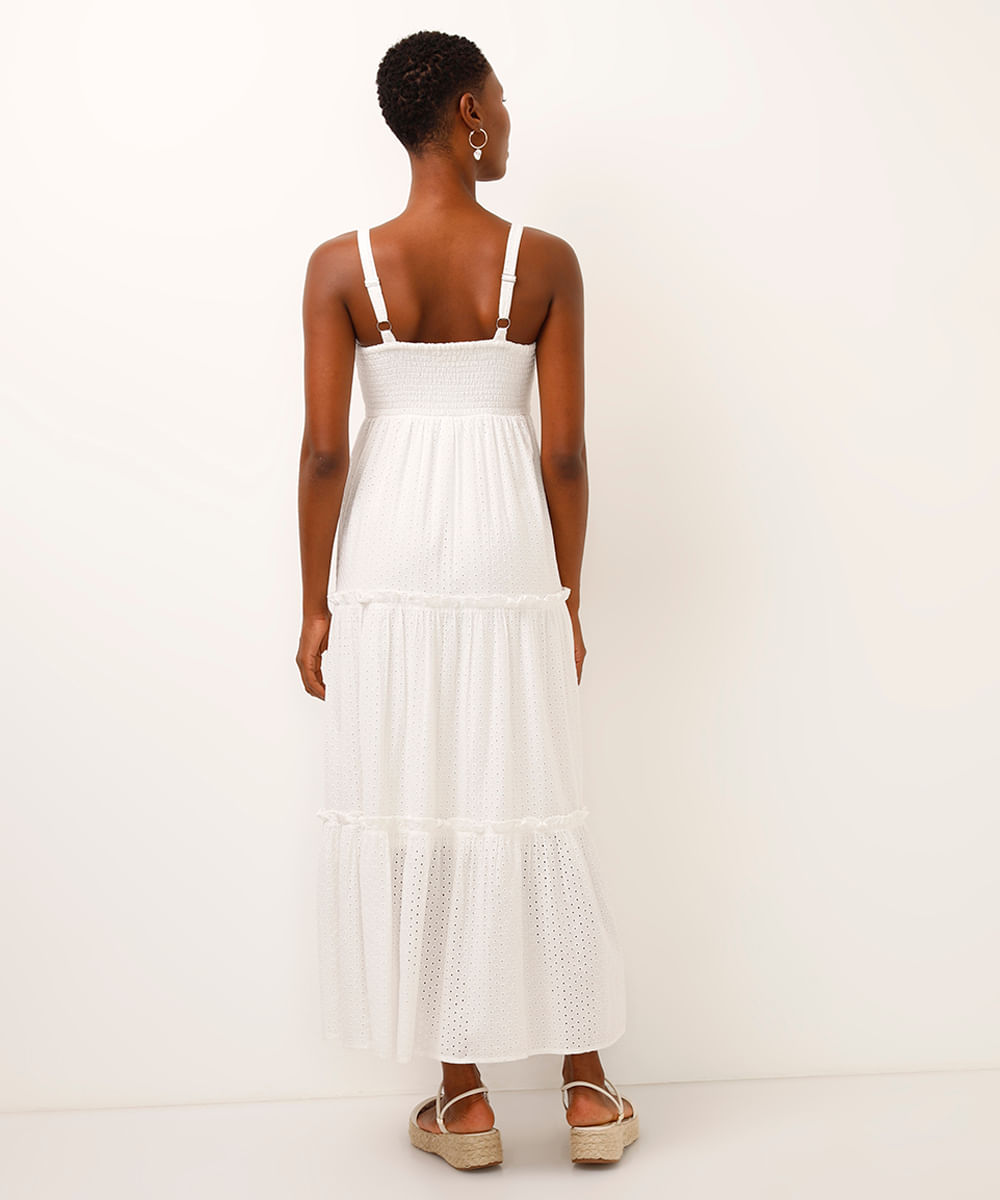 vestido midi de laise com recorte off white