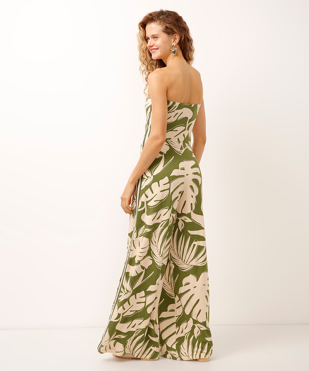 macacão sem alça de viscose folhagem verde