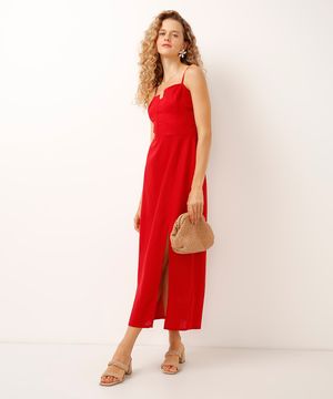 vestido midi com linho e fenda vermelho