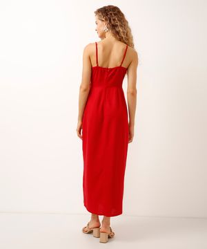 vestido midi com linho e fenda vermelho