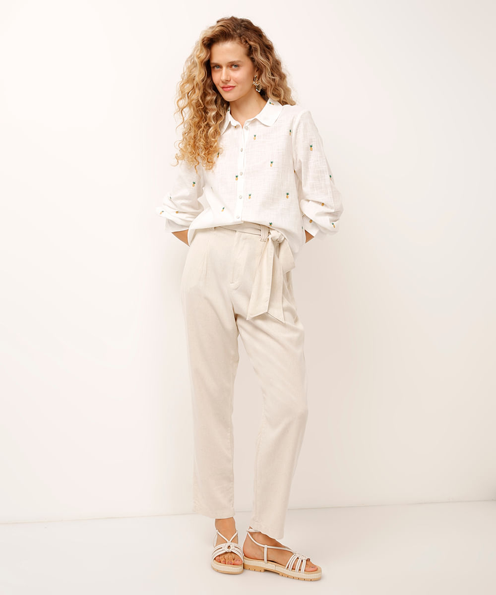 camisa de algodão bordada abacaxis off white