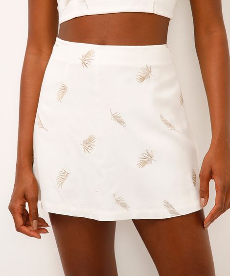 short saia com linho bordado folhagens off white