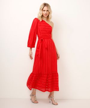 vestido midi ombro único de laise vermelho