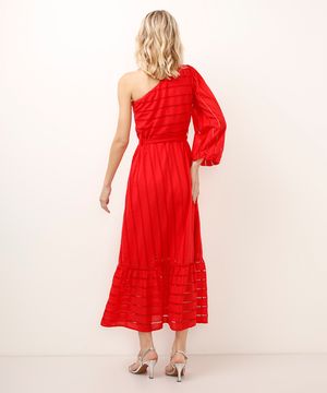 vestido midi ombro único de laise vermelho