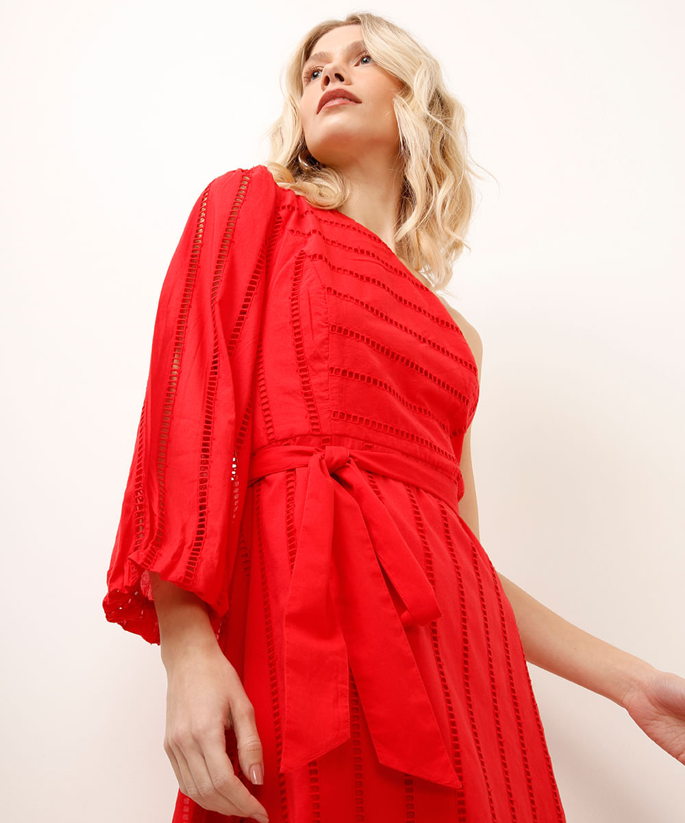 vestido midi ombro único de laise vermelho