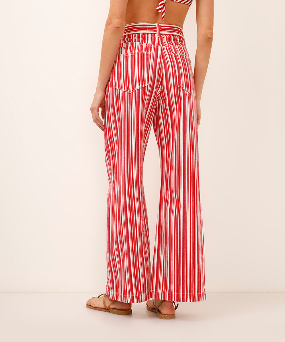 calça wide leg de sarja listrada vermelha