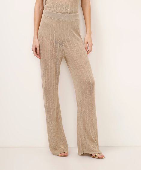 calça reta de tricot com lurex dourada