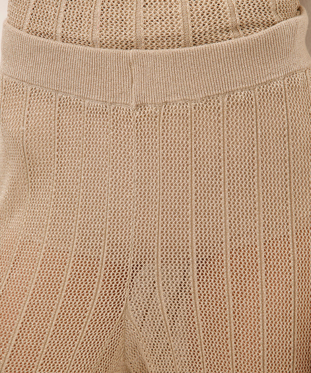 calça reta de tricot com lurex dourada