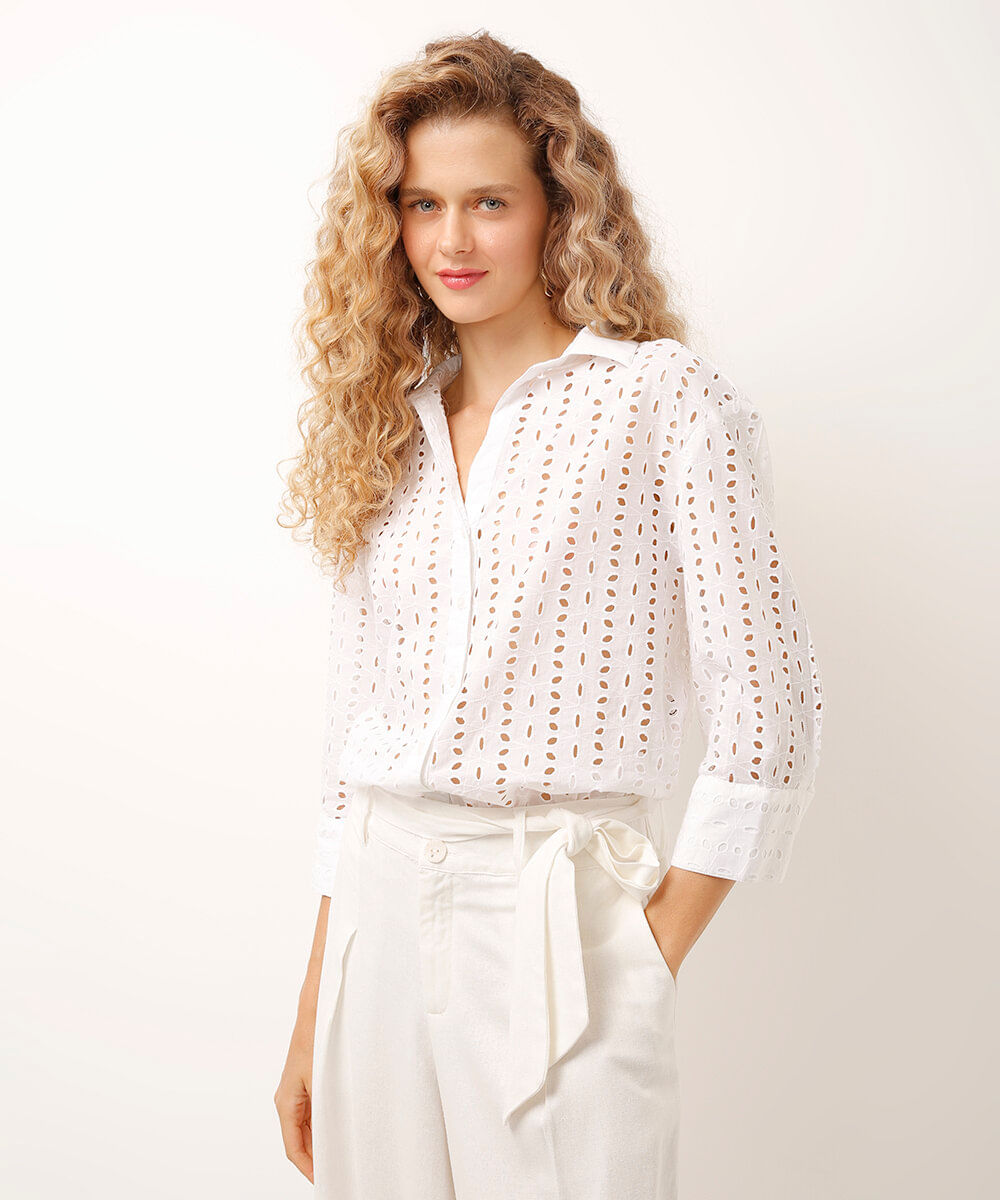camisa de laise decote v off white
