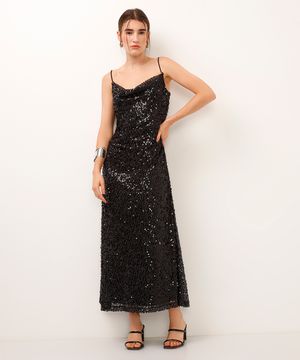 vestido midi franzido de paetê  preto