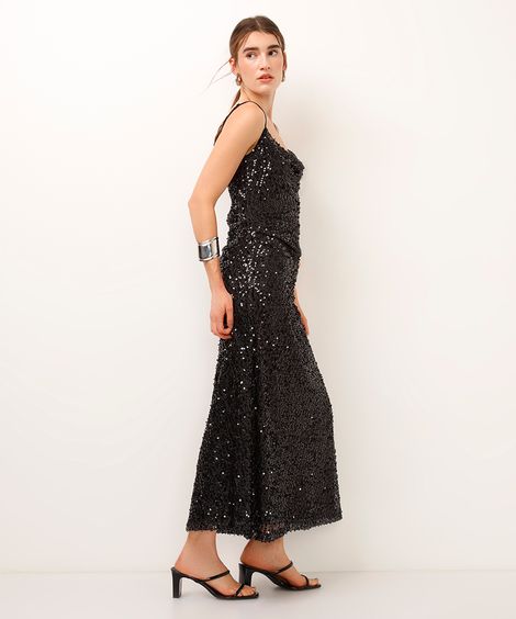 vestido midi franzido de paetê  preto