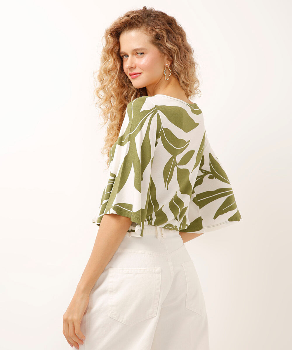 blusa de viscose com amarração folhagens verde