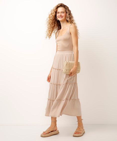 saia midi texturizada com frufru bege