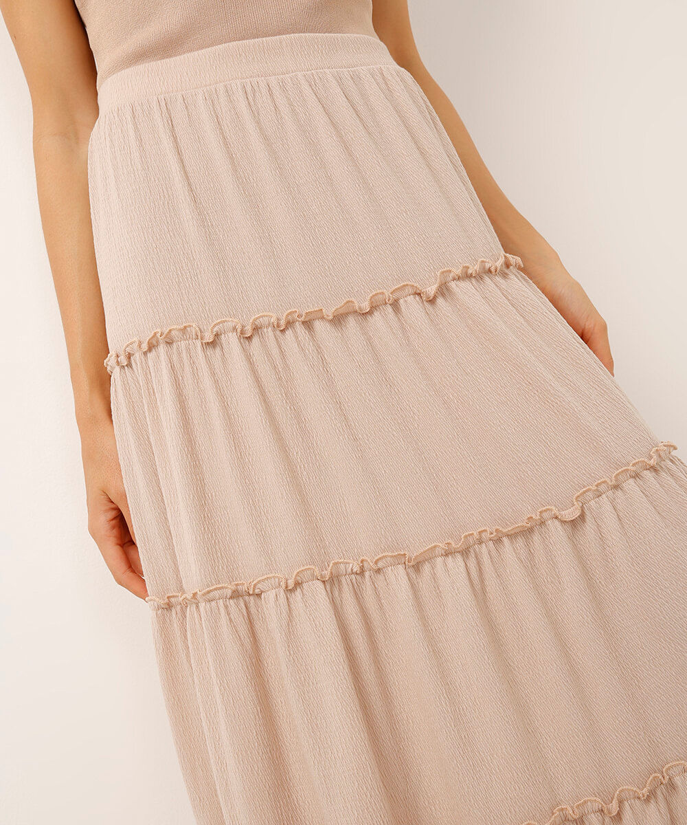 saia midi texturizada com frufru bege