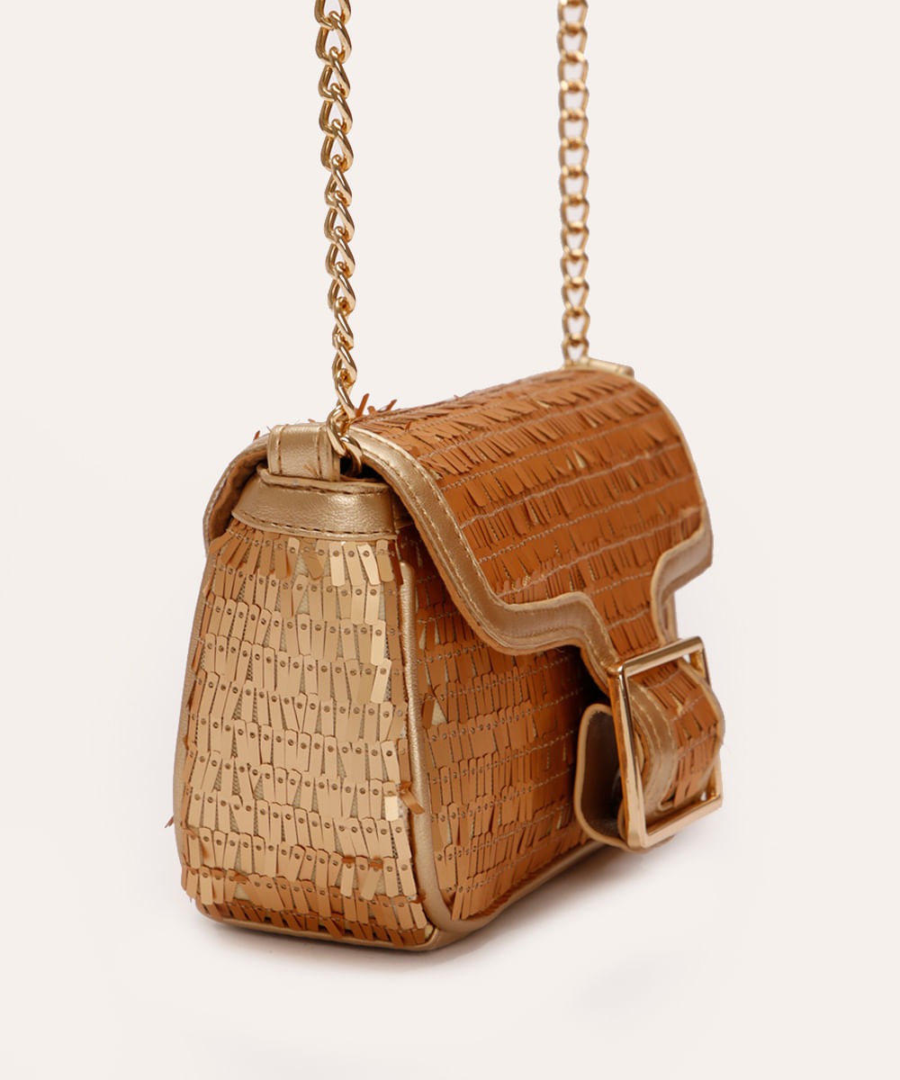 bolsa transversal de paetê alça corrente dourada