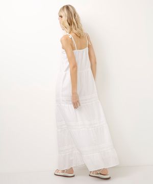 vestido de algodão alça fina com renda off white