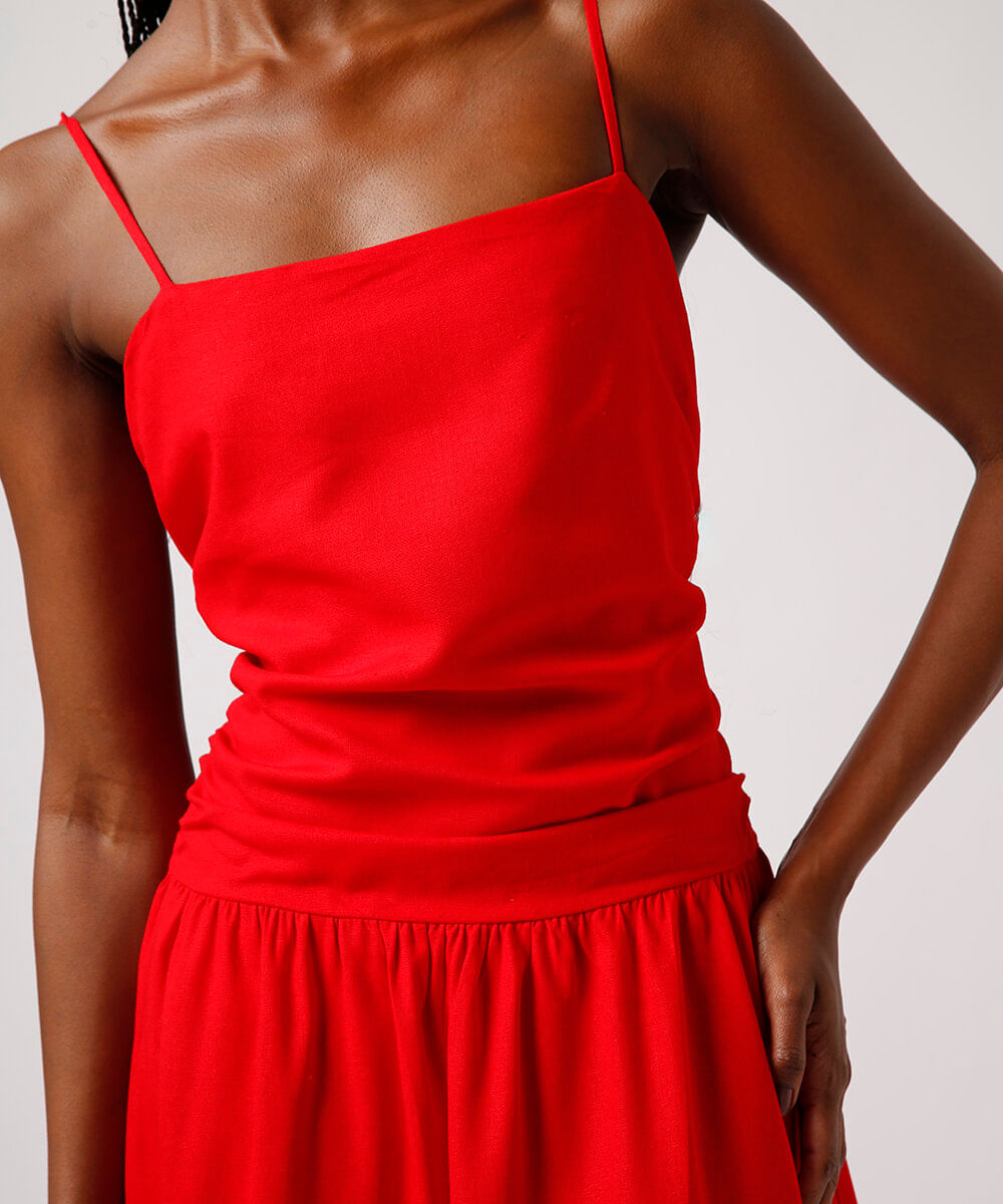 vestido longo franzido com linho mindset vermelho