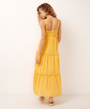 vestido midi de laise com recorte amarelo