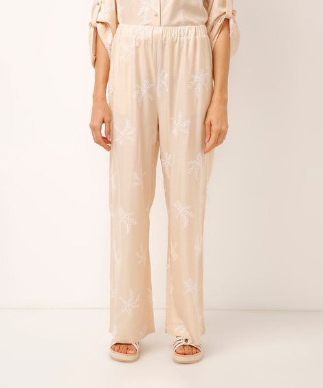 calça de viscose bordada folhagens bege