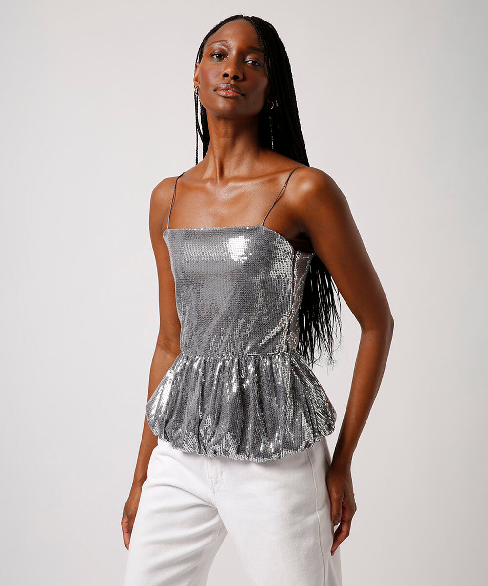 blusa balonê de paetê mindset prateada