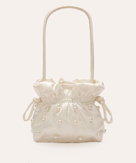 bolsa bucket acetinado com pérolas off white