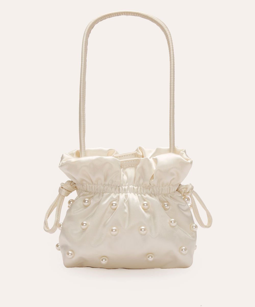 bolsa bucket acetinado com pérolas off white