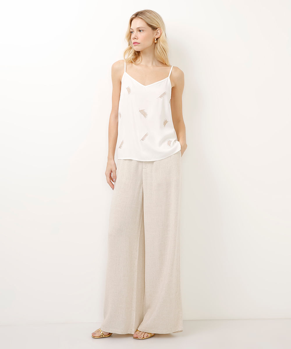 regata de viscose com bordado folhagens off white
