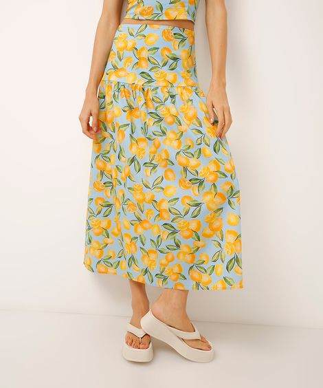 saia midi de algodão estampada limões azul