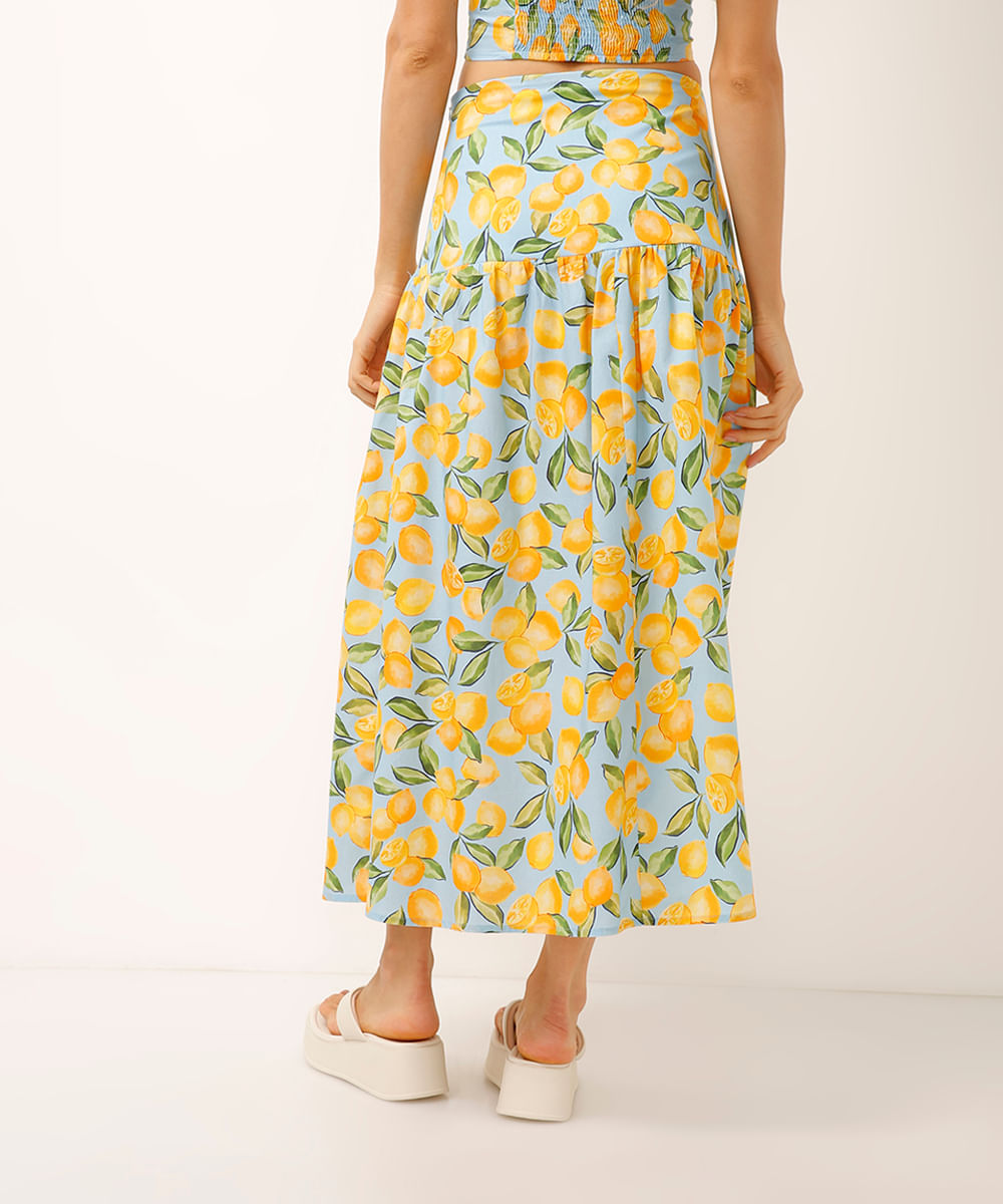 saia midi de algodão estampada limões azul