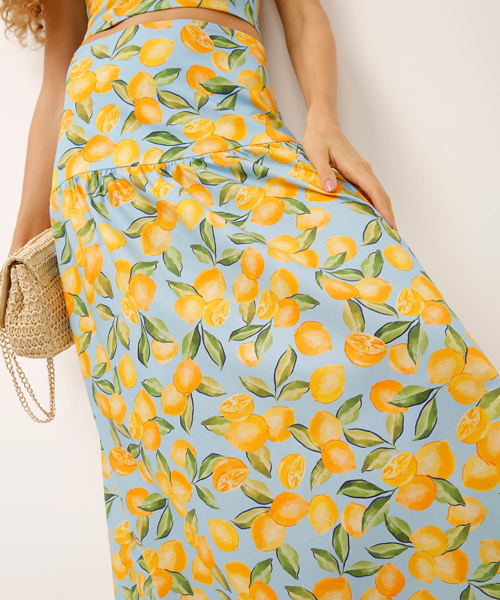 saia midi de algodão estampada limões azul