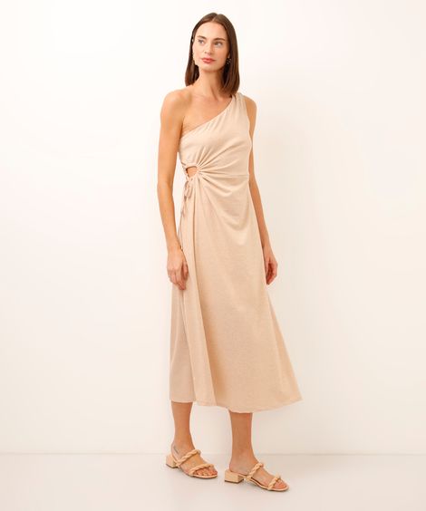 vestido midi ombro único com lurex bege