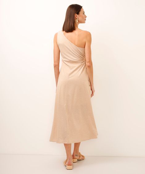 vestido midi ombro único com lurex bege