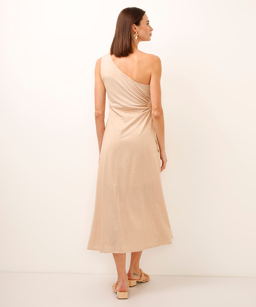 vestido midi ombro único com lurex bege