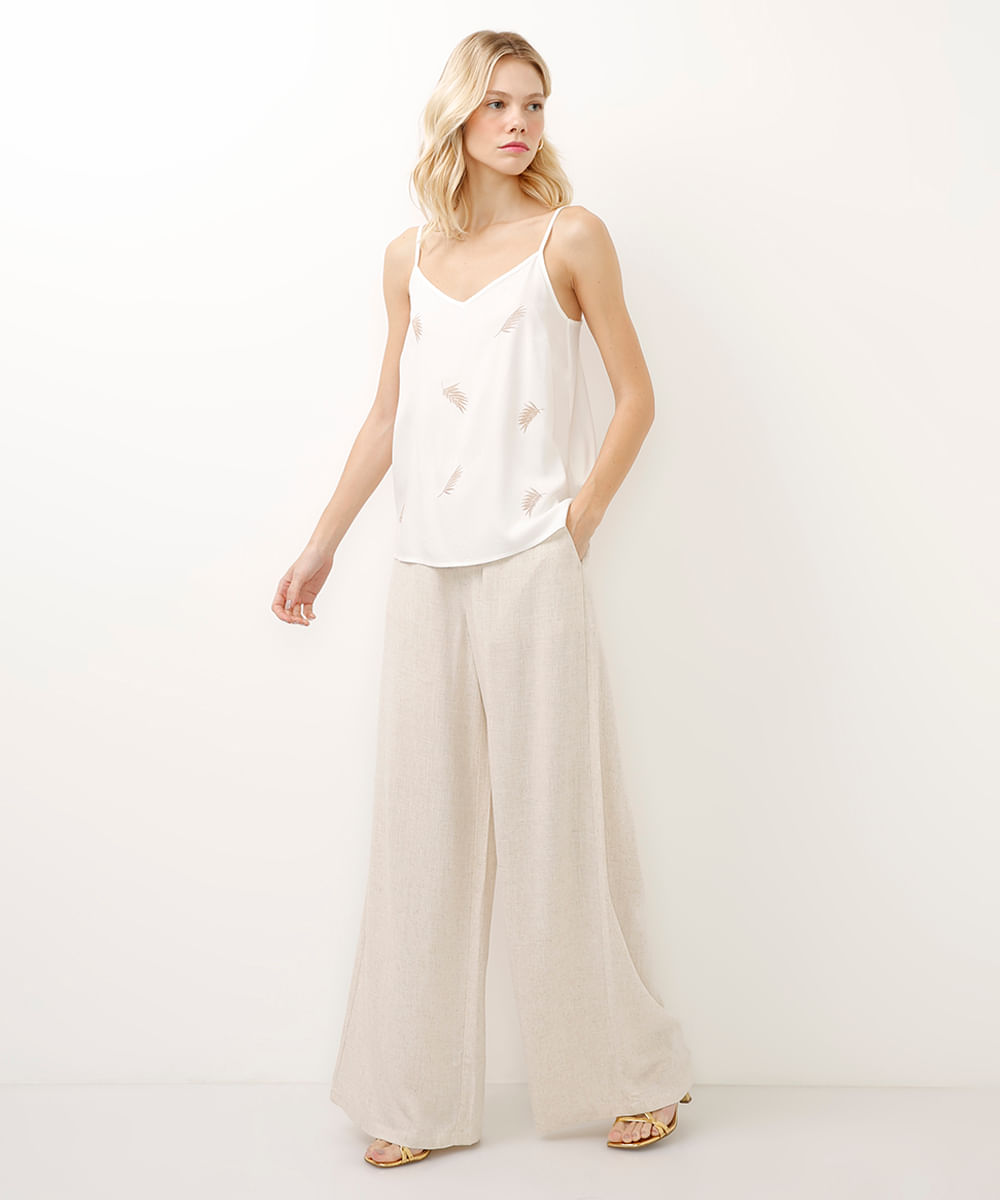 calça pantalona com linho bege
