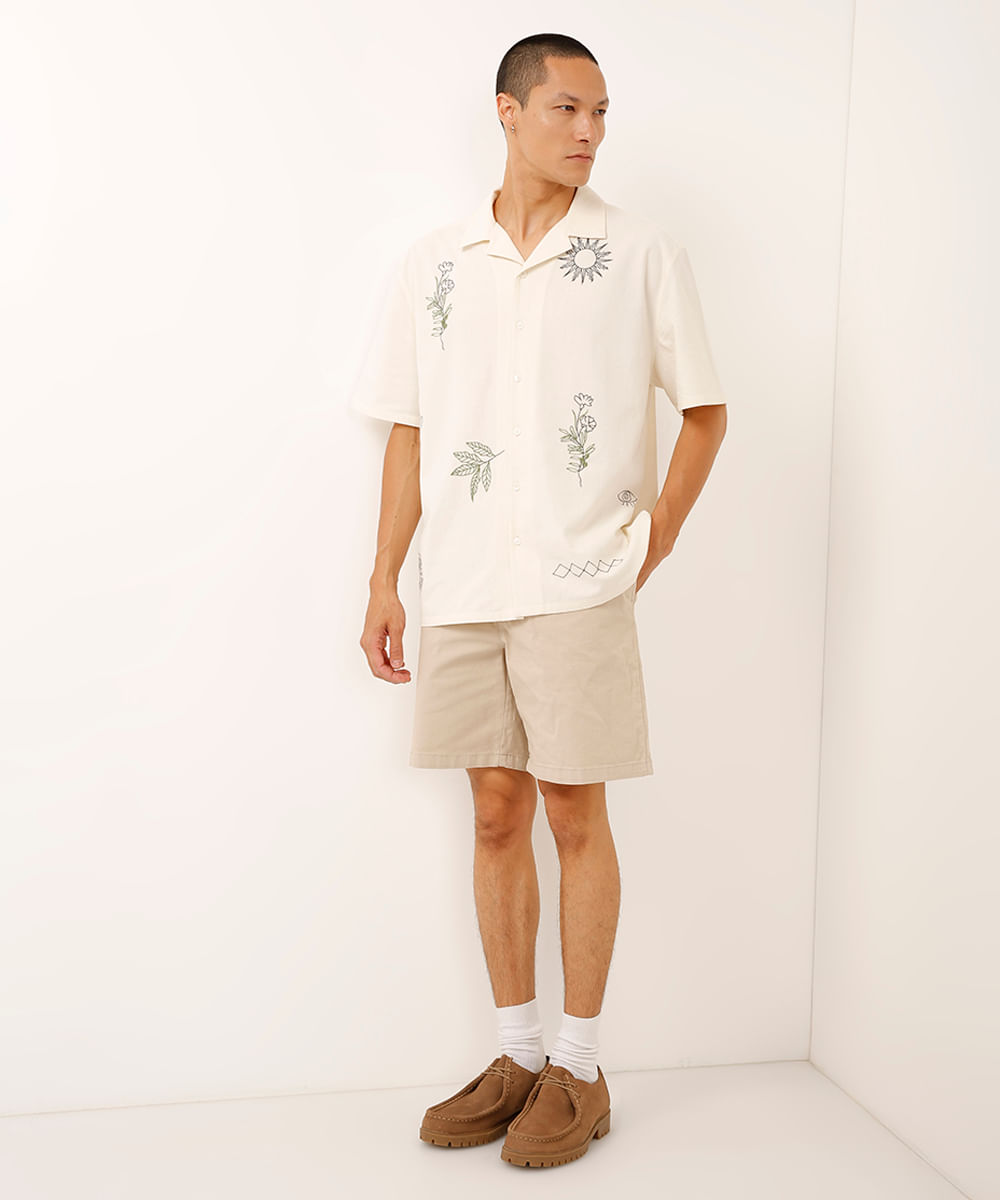 camisa de algodão bordado floral off white