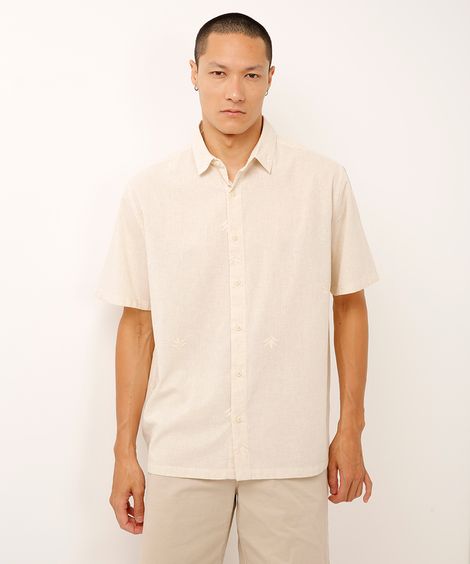 camisa relaxed com linho bordado folhagens bege