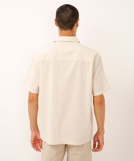 camisa relaxed com linho bordado folhagens bege