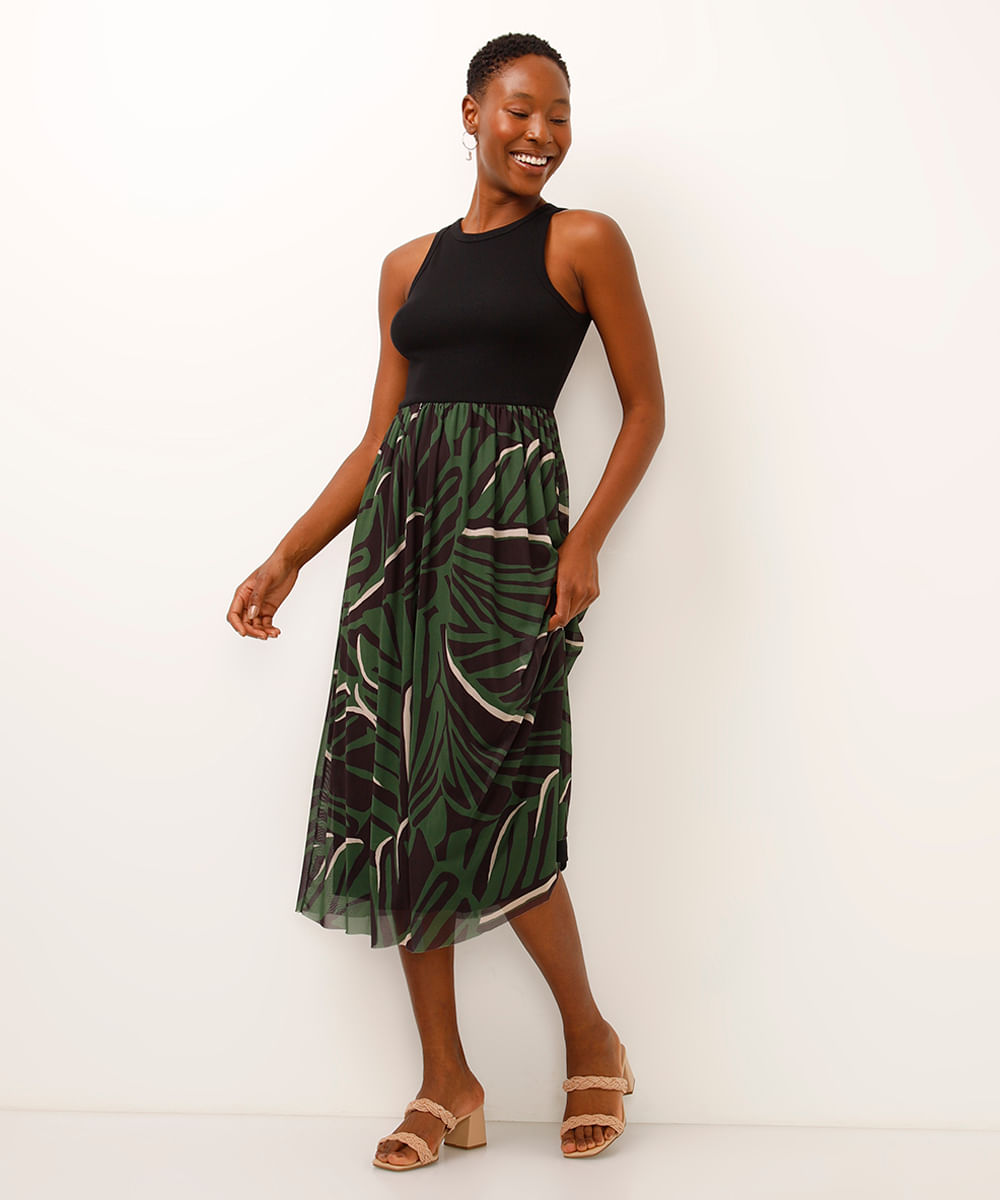vestido midi com tule folhagem verde