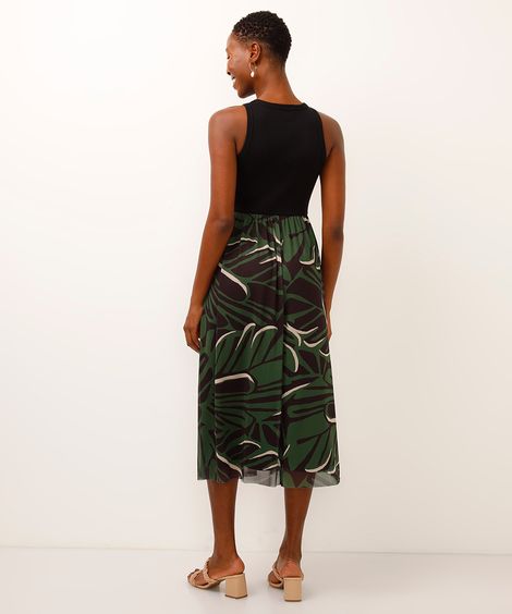 vestido midi com tule folhagem verde