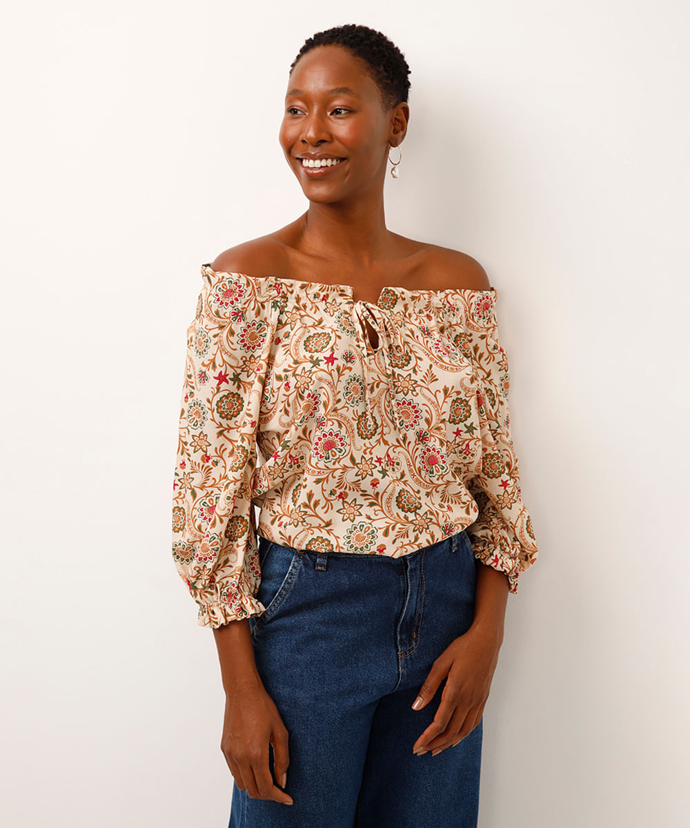 bata de viscose ombro a ombro floral bege