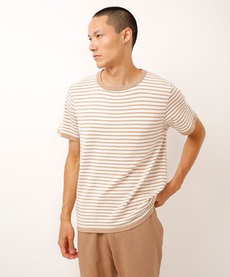 camiseta relaxed de tricot listrada bege