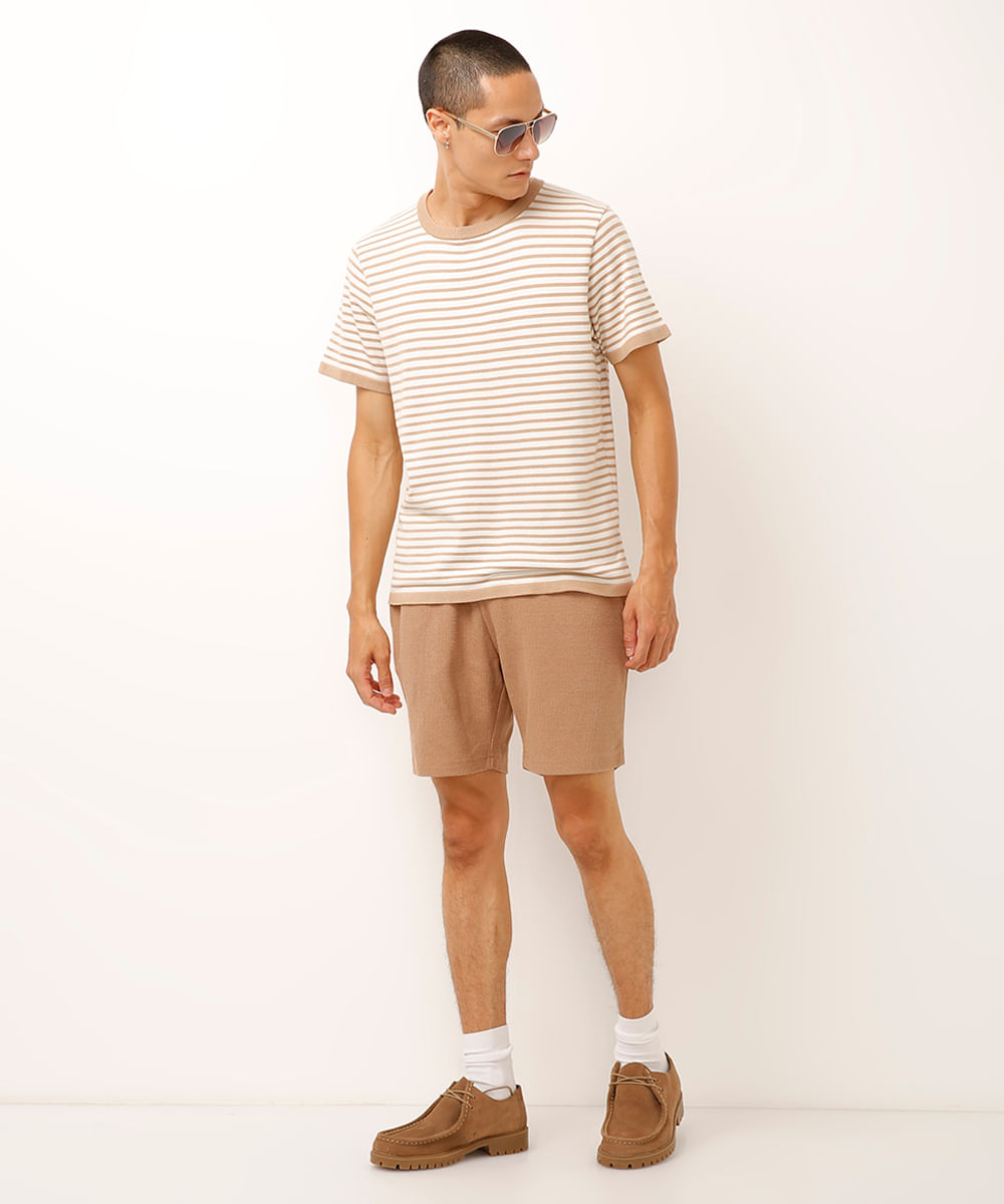 camiseta relaxed de tricot listrada bege