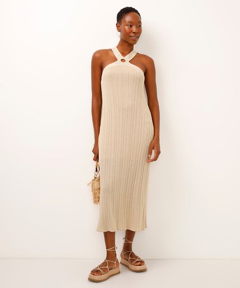vestido halterneck de tricot com lurex dourado