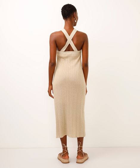 vestido halterneck de tricot com lurex dourado