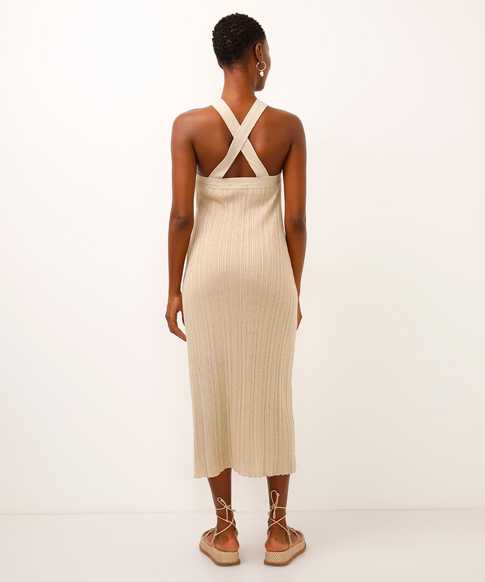vestido halterneck de tricot com lurex dourado